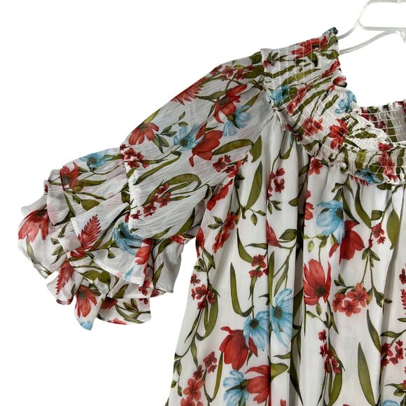 CeCe Women XL White Floral Off Shoulder Smocked Ruffle Sleeve Chiffon Top Beachy - Picture 8 of 16